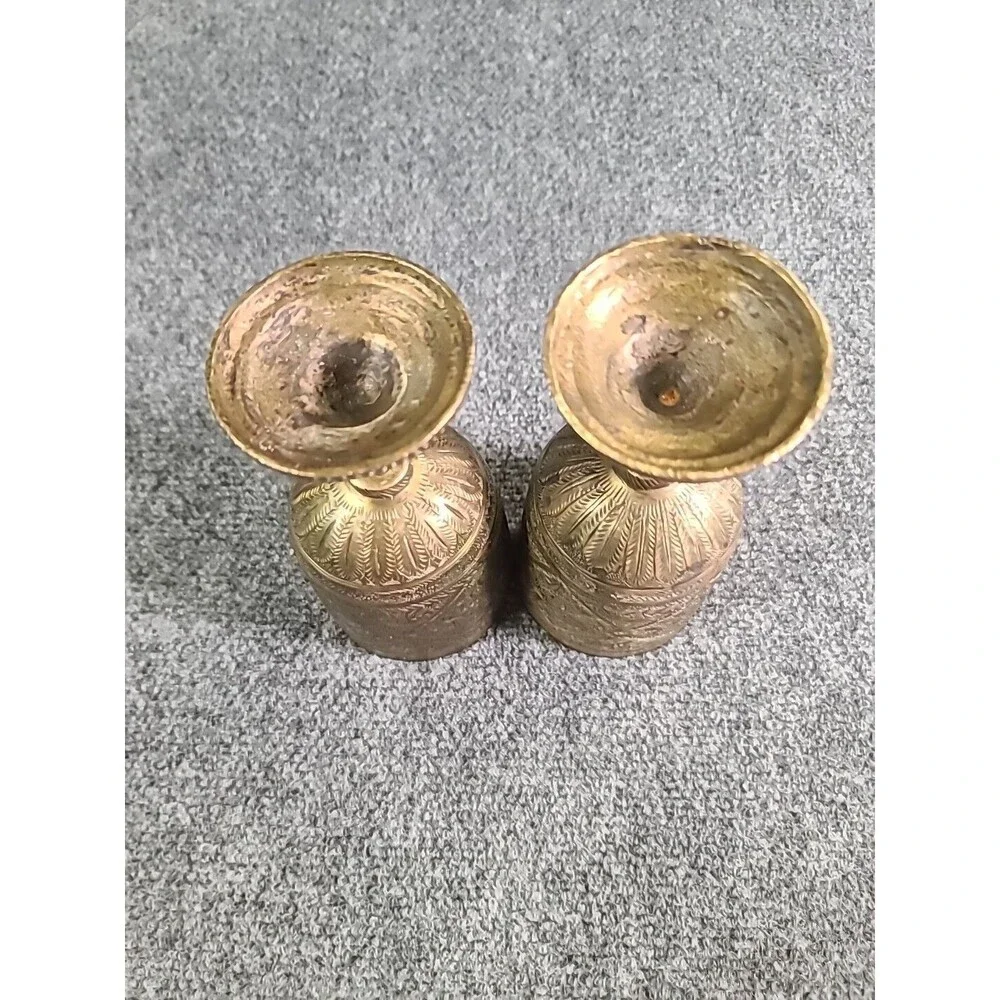 Vintage Set Of 2 Rare Handetched Brass Goblets Chalise Removable Stems His & Her